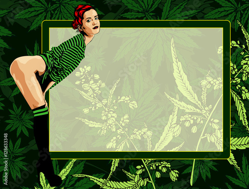 Beautiful woman green stripes t-shirt. Marijuana leafs backdrop. Cannabis leafs background. Vector image. Design template with a frame.
