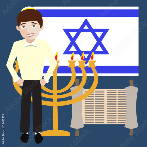 teenager jewish boy with israel symbols, flag, menorah, torah sc