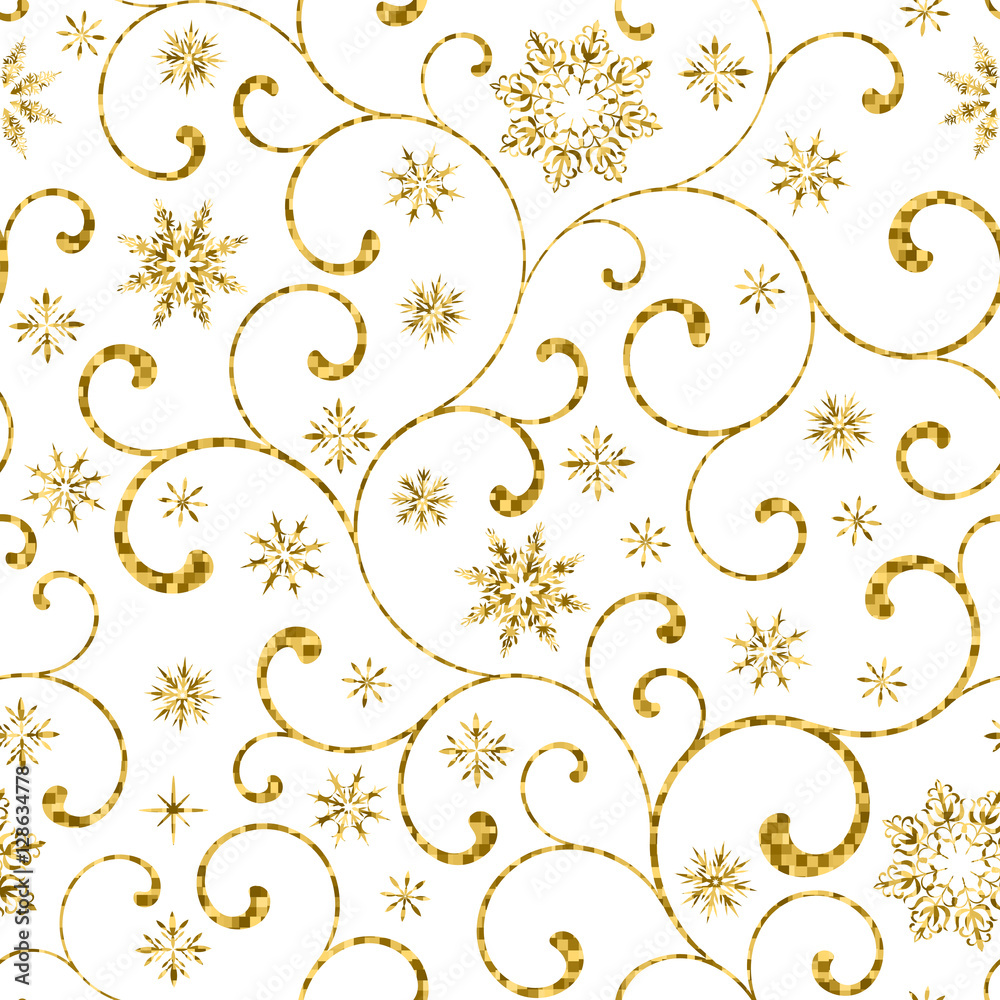 luxury seamless pattern with gold swirl and snowflakes on a white background luxury seamless pattern with gold swirl and snowflakes on a white background