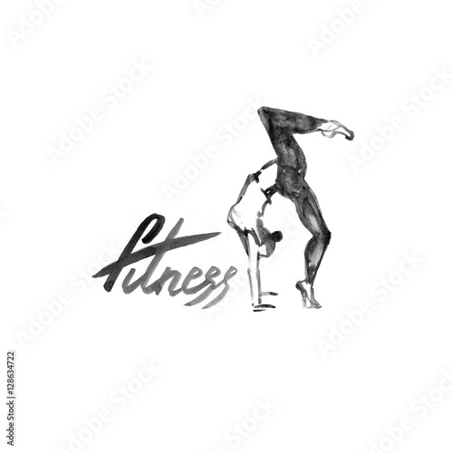 Watercolor fitness logo illustration with hand written calligraphy lettering inscription.