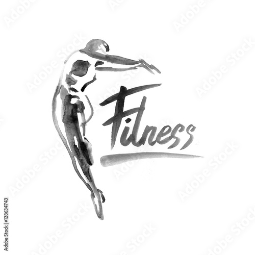 Watercolor fitness logo illustration with hand written calligraphy lettering inscription.