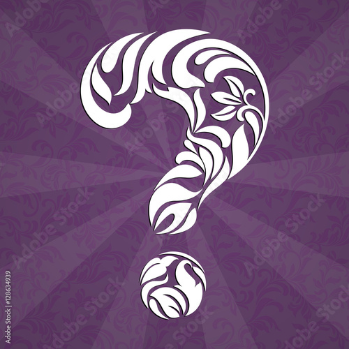 Question mark made of floral tracery on a purple background