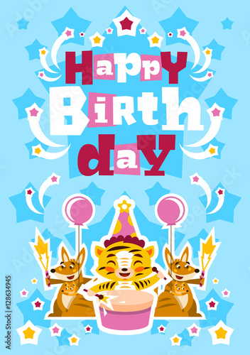 Greeting card happy birthday. Designed for printing invitations, wishes. Lion Drumming. Kangaroo and her baby. Squib. Balloon explosion, fireworks, stars. Blue background. Vector illustration