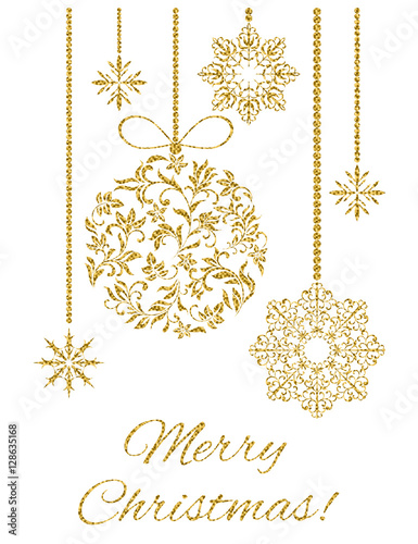 Elegant Christmas postcard: Christmas decoration with gold glitter on a white background