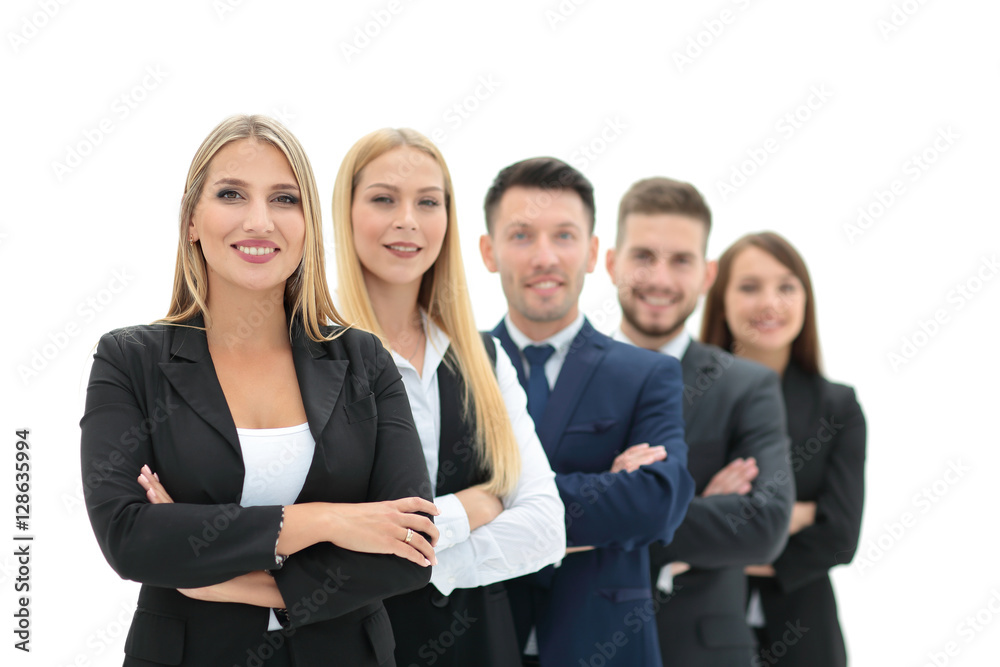 Team of successful and confident people posing on a white backgr