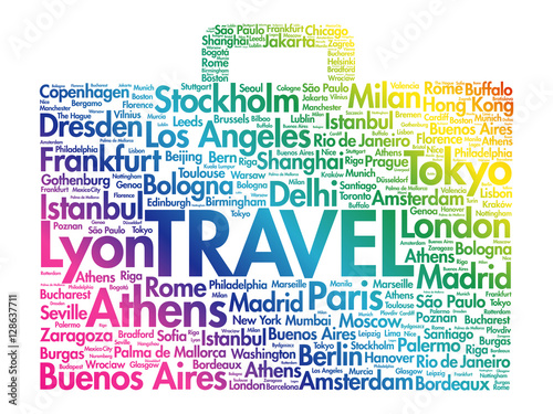 Suitcase travel concept made with words cities names