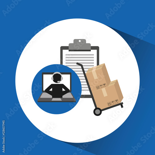 delivery call centre operator online clipboard and hand truck box vector illustration eps 10
