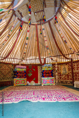 Interior of the yurt, nomadic movable house typical of central asia
