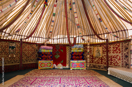 Interior of the yurt, nomadic movable house typical of central asia