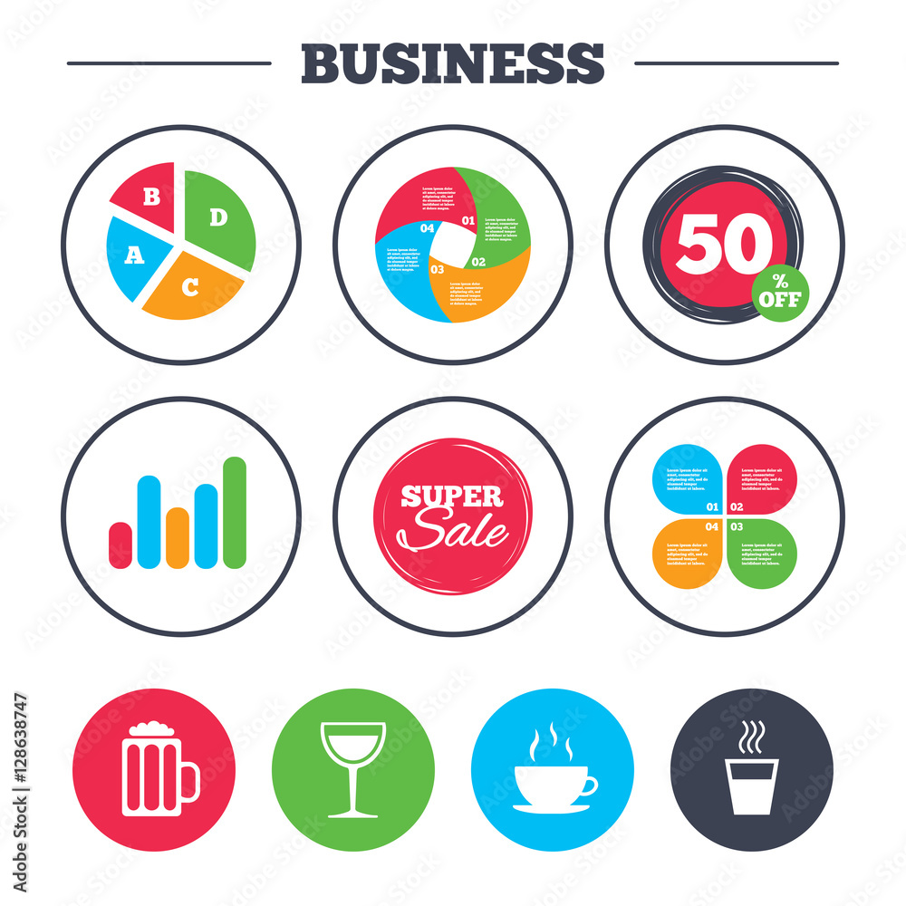Business pie chart. Growth graph. Drinks icons. Coffee cup and glass of beer symbols. Wine glass sign. Super sale and discount buttons. Vector