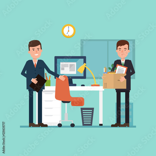 Vector illustration of the first working day. Employee comes in the office with a box things.