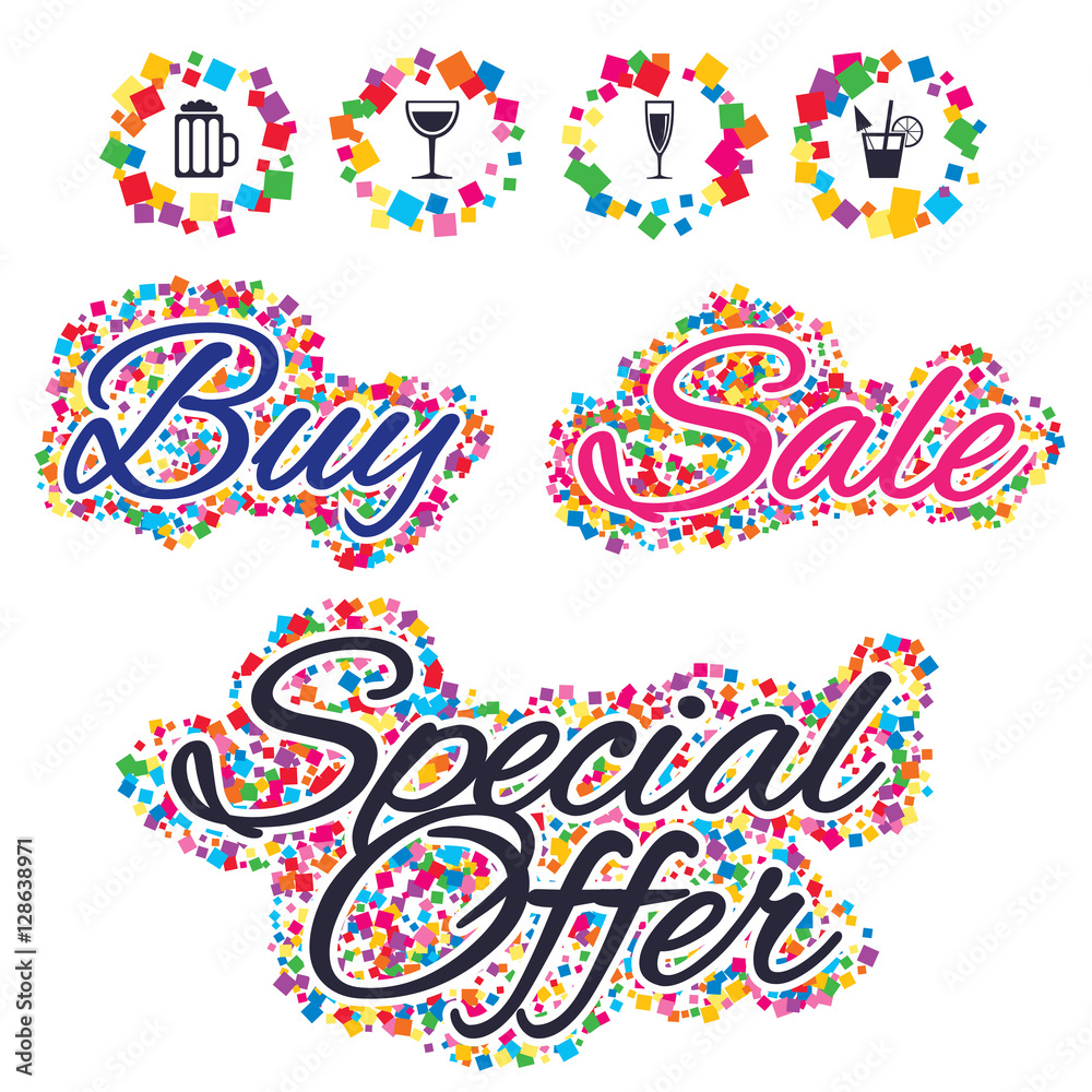 Sale confetti labels and banners. Alcoholic drinks icons. Champagne sparkling wine and beer symbols. Wine glass and cocktail signs. Special offer sticker. Vector