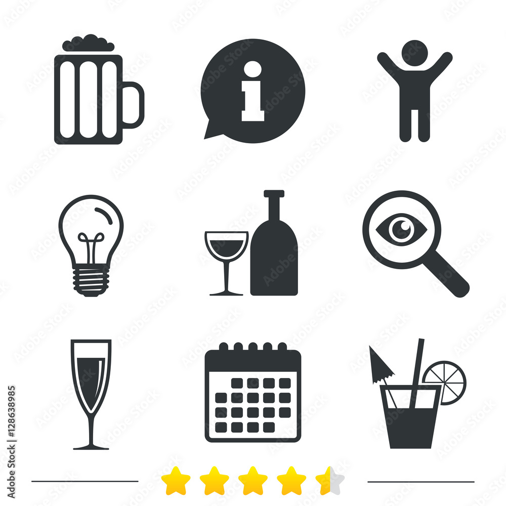 Alcoholic drinks icons. Champagne sparkling wine and beer symbols. Wine glass and cocktail signs. Information, light bulb and calendar icons. Investigate magnifier. Vector Alcoholic drinks icons. Champagne sparkling wine and beer symbols. Wine glass and cocktail signs. Information, light bulb and calendar icons. Investigate magnifier. Vector