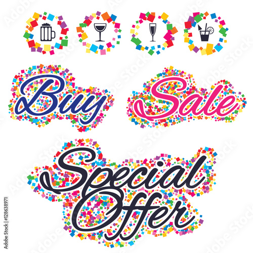 Sale confetti labels and banners. Alcoholic drinks icons. Champagne sparkling wine and beer symbols. Wine glass and cocktail signs. Special offer sticker. Vector