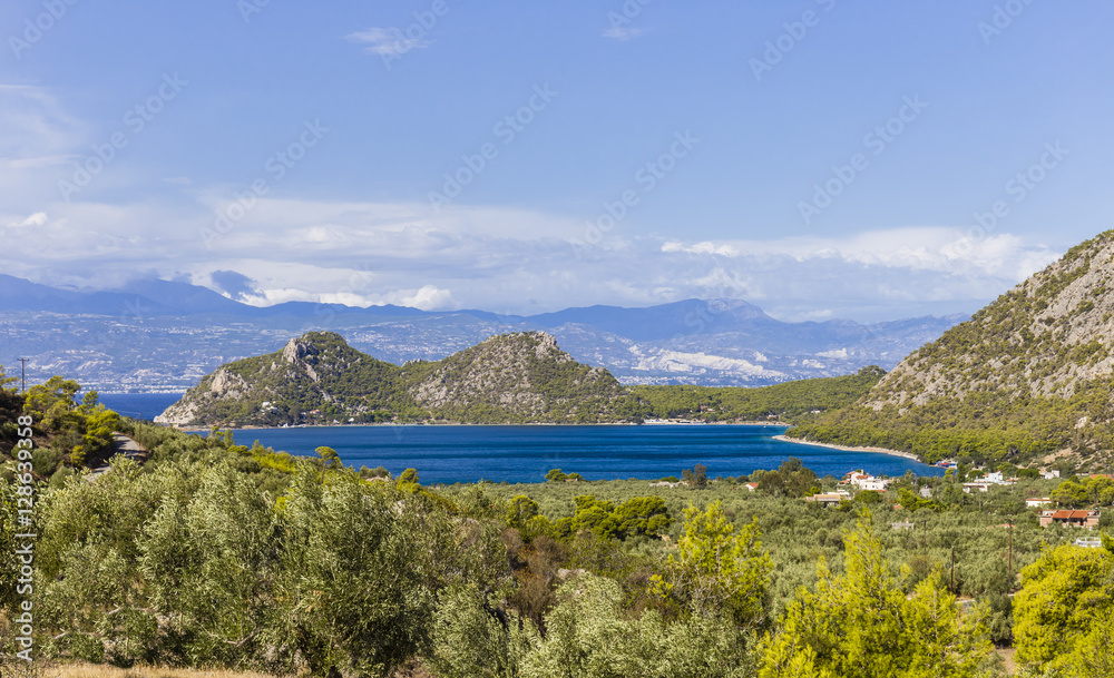 Obraz premium distant view on Vouliagmeni lake near Loutraki