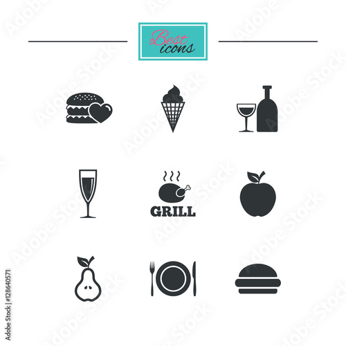 Food  drink icons. Grill  burger and ice cream signs. Chicken  champagne and apple symbols. Black flat icons. Classic design. Vector