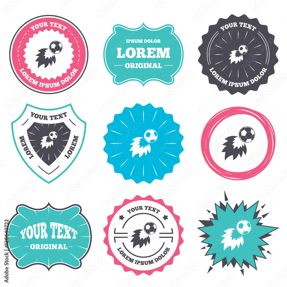 Label and badge templates. Football fireball sign icon. Soccer Sport symbol. Retro style banners, emblems. Vector