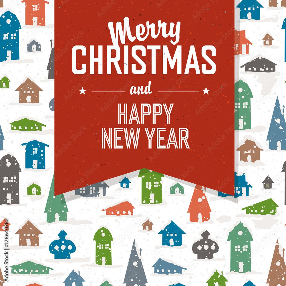 Merry Christmas Greeting Postcard. Xmas Village vector illustrat