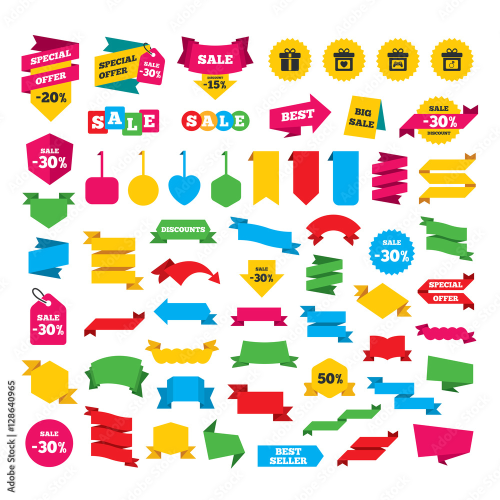 Web stickers, banners and labels. Gift box sign icons. Present with bow and ribbons symbols. Engagement ring sign. Video game joystick. Special offer tags. Vector