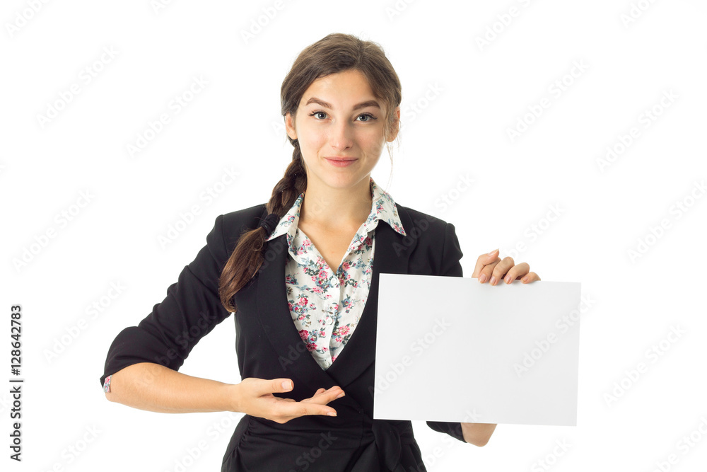 woman in uniform with white placard in hands woman in uniform with white placard in hands