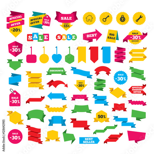 Web stickers, banners and labels. Home key icon. Wrench service tool symbol. Locker sign. Main page web navigation. Special offer tags. Vector