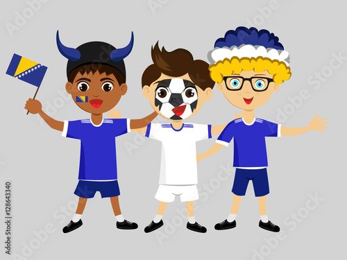 Fan of Bosnia and Herzegovina national football team, sports. Boy with flag in the colors of the national command with sports paraphernalia.