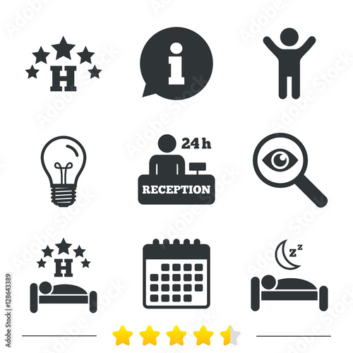 Five stars hotel icons. Travel rest place symbols. Human sleep in bed sign. Hotel 24 hours registration or reception. Information, light bulb and calendar icons. Investigate magnifier. Vector