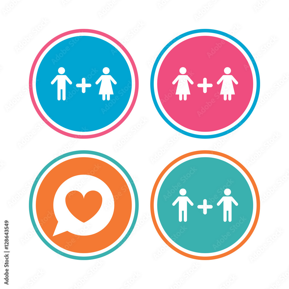 Couple love icon. Lesbian and Gay lovers signs. Romantic homosexual relationships. Speech bubble with heart symbol. Colored circle buttons. Vector Couple love icon. Lesbian and Gay lovers signs. Romantic homosexual relationships. Speech bubble with heart symbol. Colored circle buttons. Vector