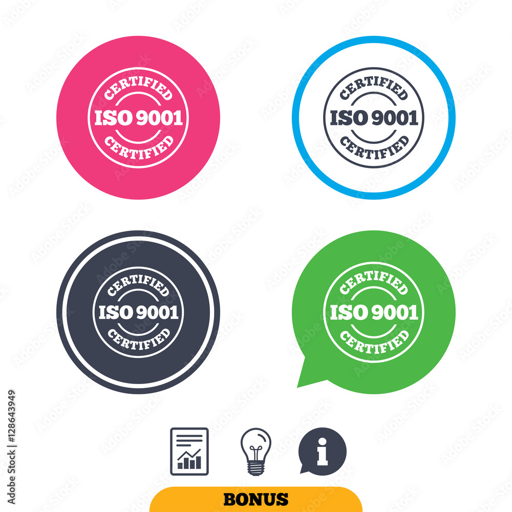 ISO 9001 certified sign icon. Certification stamp. Report document, information sign and light bulb icons. Vector