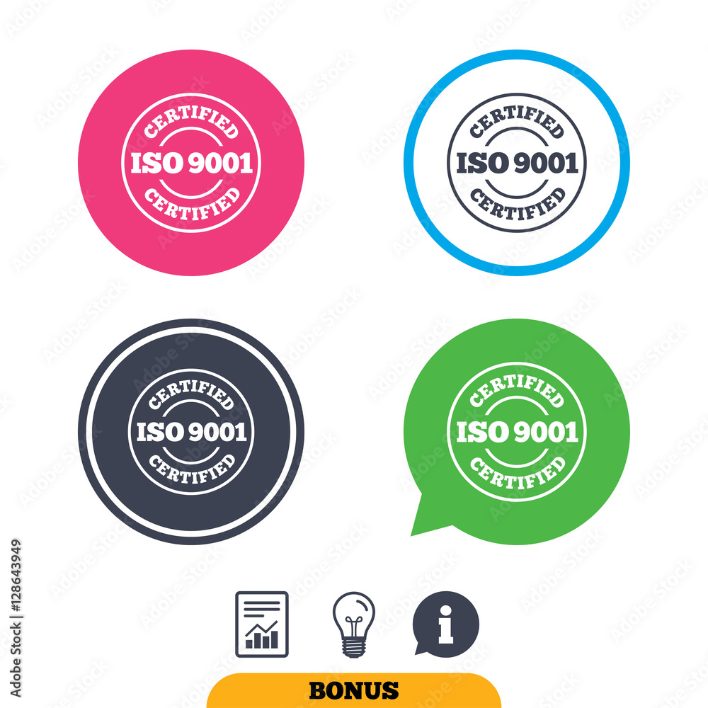 Obraz premium ISO 9001 certified sign icon. Certification stamp. Report document, information sign and light bulb icons. Vector