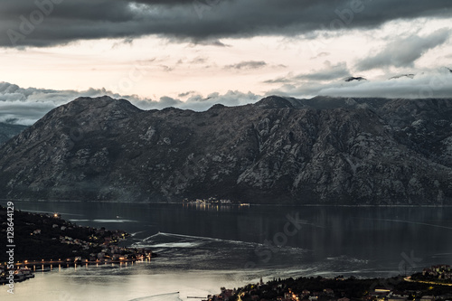 Evening View of Bay of Kotor old town from Lovcen mountain. photo