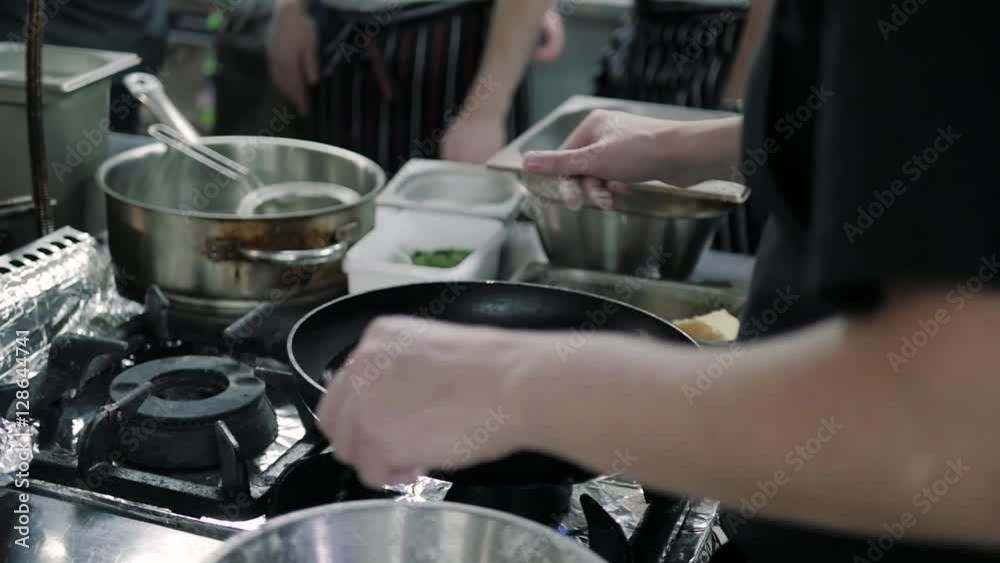 Chef's Masterclass. Chief Cooking Fried Fish On Pan, Commercial Kitchen Cooking Chef's Masterclass. Chief Cooking Fried Fish On Pan, Commercial Kitchen Cooking