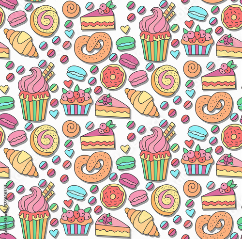 Cute colorful bakery doodles seamless vector pattern