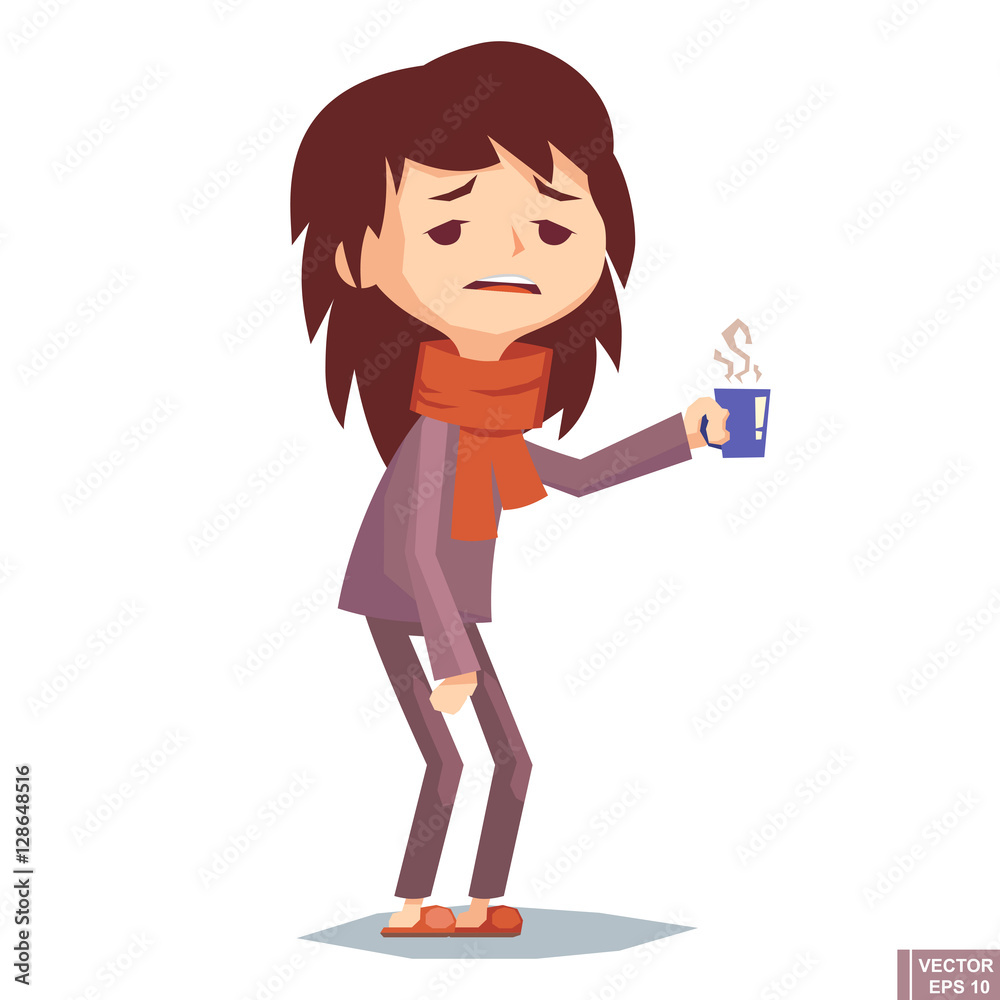 Illness girl vector illustration. Seasonal virus attack. Woman flu, people sick. Teen cold . adult unwell need medical help. health cartoon Illness girl vector illustration. Seasonal virus attack. Woman flu, people sick. Teen cold . adult unwell need medical help. health cartoon