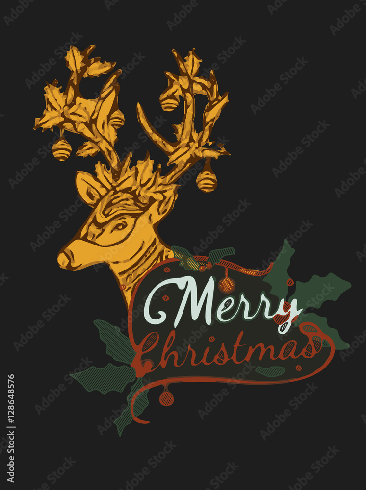 Merry Christmas from vector.Reindeer by hand drawing.Merry Christmas in 2016.Reindeer tangle 
for coloring.