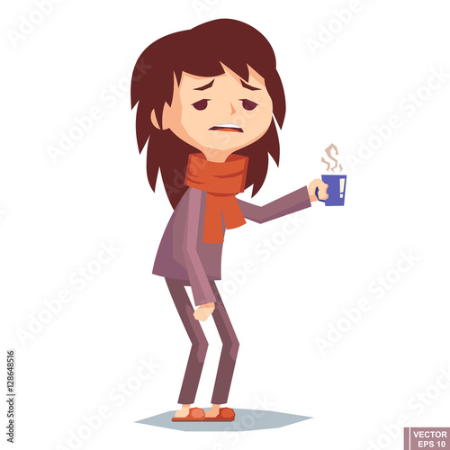 Illness girl vector illustration. Seasonal virus attack. Woman flu, people sick. Teen cold . adult unwell need medical help. health cartoon
