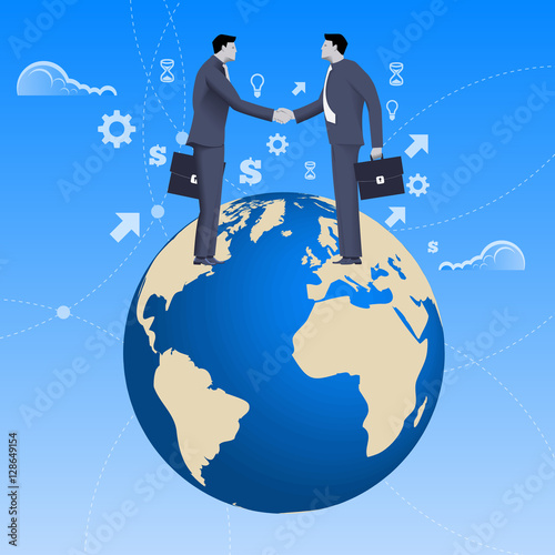 Global deal business concept. Confident businessmen in business suit shaking each other hands standing on earth globe. Deal, agreement, unity, pact, contract, treaty.