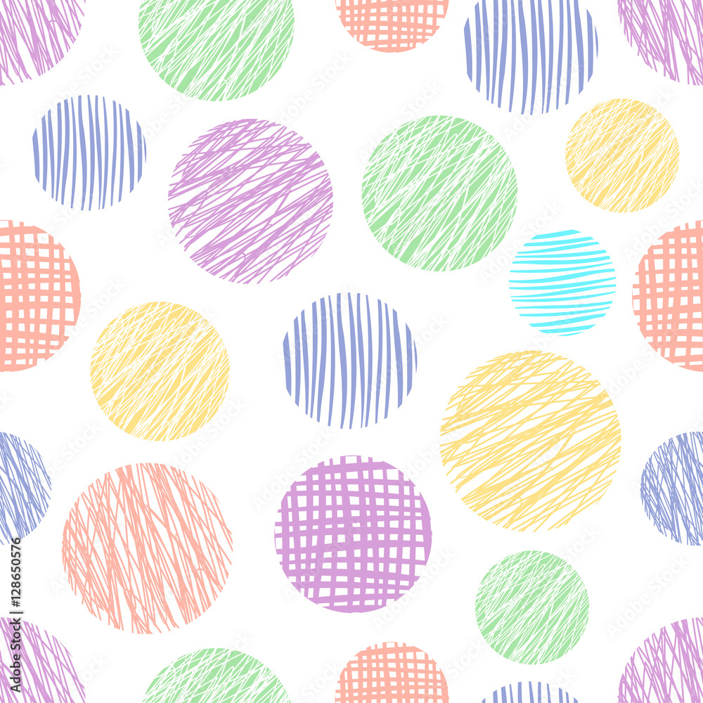 Seamless vector geometrical pattern with circles. Pastel endless background with hand drawn textured geometric colorful figures. Graphic vector illustration Seamless vector geometrical pattern with circles. Pastel endless background with hand drawn textured geometric colorful figures. Graphic vector illustration