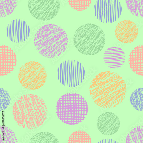 Seamless vector geometrical pattern with circles. Green pastel endless background with hand drawn textured geometric colorful figures. Graphic vector illustration