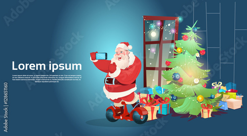 Santa Claus Ride Electric Hoverboard Making Selfie Photo Christmas Happy New Year Greeting Card Flat Vector Illustration