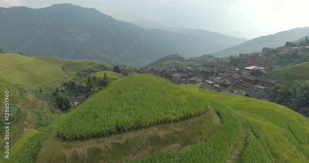 Beautiful 4k aerial shot of Longsheng Village and Terraced Rice Field at Morning - Longsheng, Guangxi province, China. Rural view, agriculture, scenic area.Top view of small wooden traditional houses. Beautiful 4k aerial shot of Longsheng Village and Terraced Rice Field at Morning - Longsheng, Guangxi province, China. Rural view, agriculture, scenic area.Top view of small wooden traditional houses.