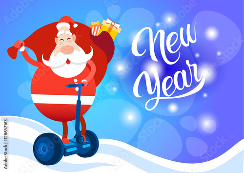 Santa Claus Ride Electric Scooter Christmas Holiday Happy New Year Greeting Card Flat Vector Illustration