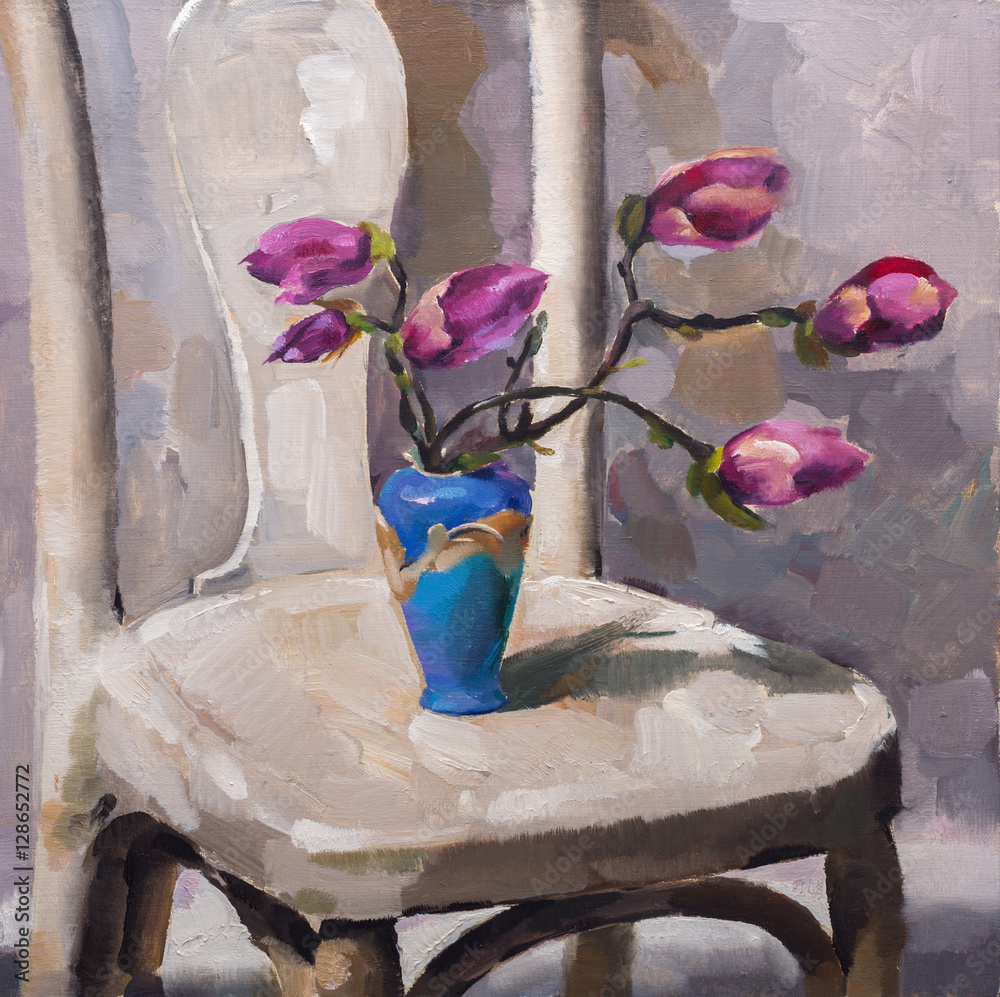 Obraz premium Oil painting still life with purple magnolia flowers On Canvas with texture in the grayscale