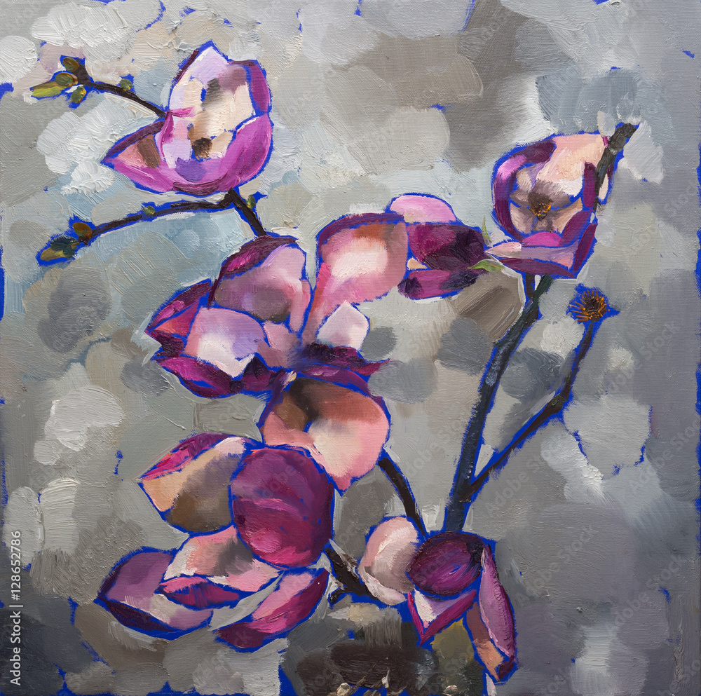 Oil painting still life with purple magnolia flowers On Canvas with texture  in the grayscale Stock Photo | Adobe Stock