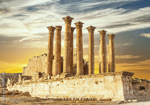 Temple of Artemis in the ancient Roman city of Gerasa at the sunset, preset-day Jerash, Jordan