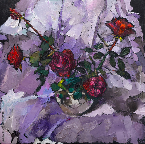 Oil painting still life with  red roses flowers On  Canvas with  texture  in pink tones photo