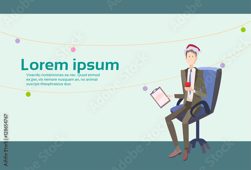 Business Man In Chair Hold Contract Celebrate Merry Christmas And Happy New Year Santa Hat Flat Vector Illustration