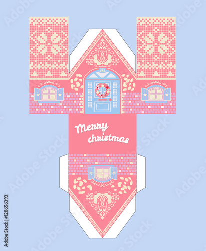 Vector Pink Gingerbread House Template. Cute Printable gift with christmas glaze elements.