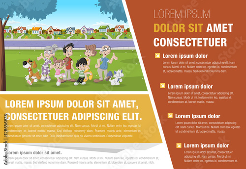 Template for advertising brochure with cartoon family in suburb neighborhood.
