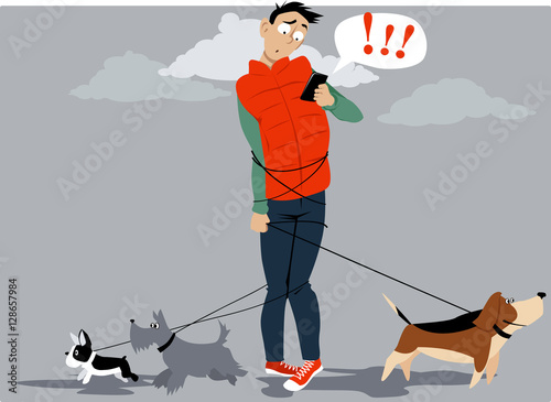 Man, tangled in multiple dog leashes, texting for help of a dog walker, EPS 8 vector illustration